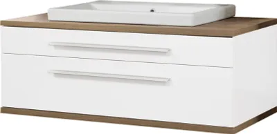 Produktbild von FACKELMANN STANFORD Badmöbel Set 2 Teile / Keramik Waschbecken / Waschbeckenunterschrank mit 2 Schubladen / Soft-Close-System / Korpus: Weiß / Front: Weiß / Abdeckplatte: Braun hell / Breite: 110 cm