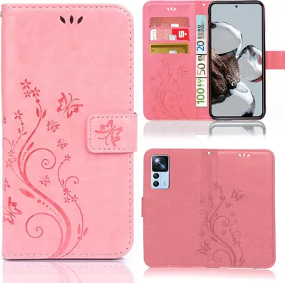 Produktbild von Handy Tasche für Xiaomi 12T / 12T Pro Schutz Hülle Handyhülle mit Blumenmuster Klapp Hülle mit Standfunktion und Kartenfächer Farbe: Rosa