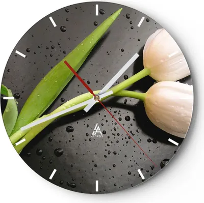 Produktbild von Wanduhr - Rund - Glasuhr - Tulpen Blume Pflanzung Pflanze - 30x30cm - Schleichendes Uhrwerk - Lautlos - zum Aufhängen bereit - Dekoration Modern - Wanddekoration aus Glas - C3AR30x30-2301