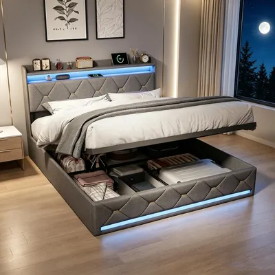 Produktbild von INONEFT Boxspringbetten Polsterbett 140x200 mit LED & USB/C,Hydraulisches Bett mit Stauraum Kopfteil,Doppelbett Bettgestell mit Lattenrost,Leinen,Grau