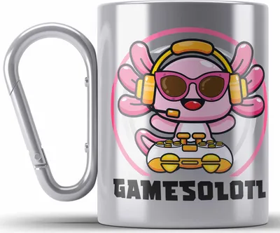Produktbild von Trendation - Axolotl Edelstahl Tasse Karabiner Grafik Lustig Geschenkidee Schwanzlurch Tiere Geschenk Gamer (Silber)