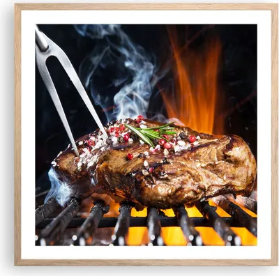 Produktbild von Gerahmtes Poster - Rahmen in heller Eiche - Steak Grill Flammen Essen - 60x60 cm - Wand Bild - Wanddeko - Wandbilder - Wandposter - Bilderrahmen - Bilder - Kunstdruck - Wandbild - P2NAC60x60-2865
