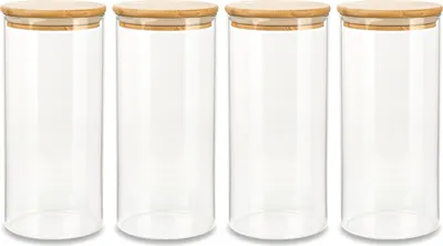 Four clear glass jars with bamboo lids are arranged in a row against a white background.