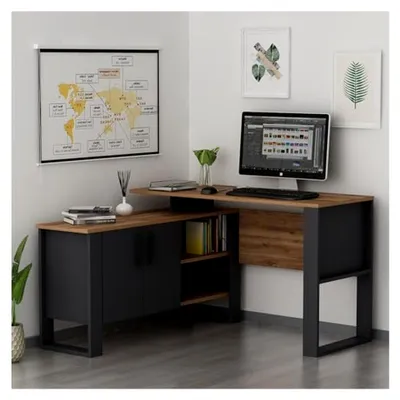 Produktbild von Moderner Eckschreibtisch in L-Form mit Regalen für Büro und Zuhause