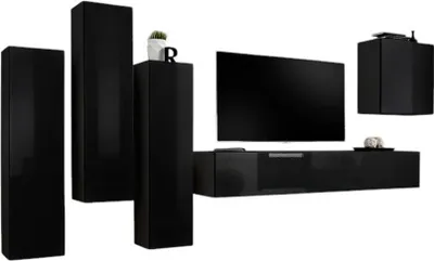 Productafbeelding van Woonkamermeubelset SWITCH III – Hoogglans Zwart – Design TV-meubel en hangende opbergelementen