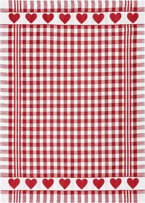 Produktbild von KRACHT  - Geschirrtuch / Tea Towel - Halbleinen Jacquard, Herzen, Karos  -  rot, weiß