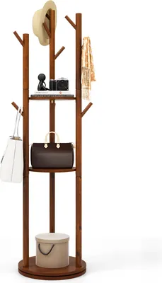 A wooden coat rack with shelves and various items displayed on it.
