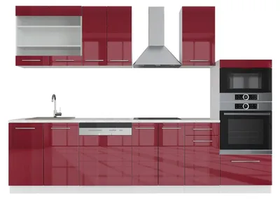 Produktbild von Küchenzeile Vicco Fame-Line Bordeaux Hochglanz/Weiß 300 cm mit Hochschrank, ohne Arbeitsplatte, Model 34821