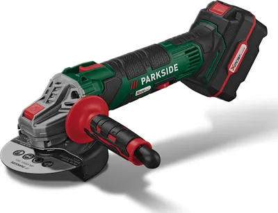 A cordless angle grinder with a battery and charger, presented on a white background.
