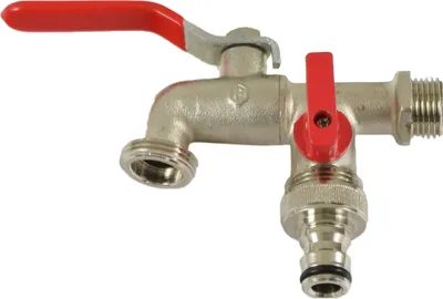 Produktbild von Agora-Tec®  Wasserhahn 1/2 Zoll AG mit 3/4 Zoll Abgang und  zweiten Stecksystemanschluss vernickelt (zwei Auslaufventile für zwei