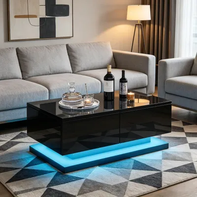 Produktbild von STILVORA Couchtisch mit LED-Beleuchtung durch APP-Steuerung,Beistelltisch mit 2 Schrank,Ladeanschluss&Steckdose,Wohnzimmertisch mit Hochglanz,schwarz