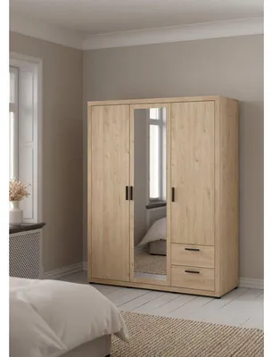 Image de Armoire de chambre - MIRA - Chene - 3 portes dont 1 avec miroir - 2 tiroirs - 153,6 x 59,8 x 200,9 cm