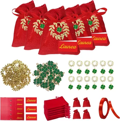 Imagen del producto de Bolsas de yute, 26 unidades, con adornos de laureles y tréboles, cinta rosa, para celebraciones