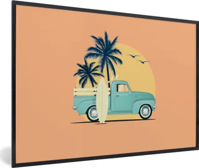 Produktbild von MuchoWow® MuchoWow® Gerahmtes Poster Bus - Vogel - Palme - Surfbrett 90x60 cm - Poster mit zchwarzem Bilderrahmen - Fotorahmen - Foto-Plakat