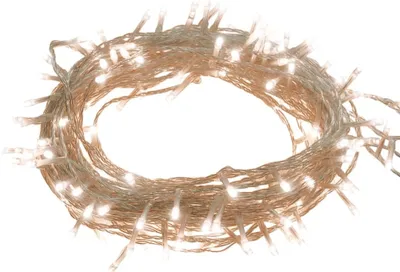 A coiled string of white LED lights on a white background.