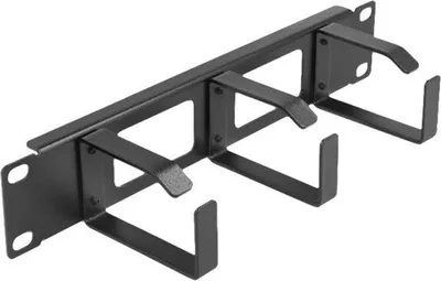 Produktbild von DeLOCK 10″ Kabelmanagement Rangierpanel mit 2 Öffnungen und 3 Bügeln 1 HE schwarz, Kabelmanagementtafel, Metall, Schwarz, 1 Stück(e)