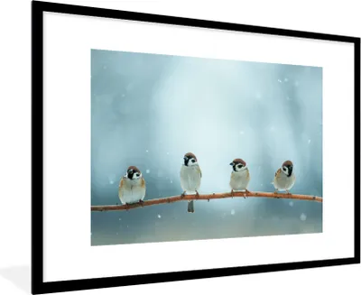 Produktbild von MuchoWow® Gerahmtes Poster Vögel - Spatz - Schnee - Winter 90x60 cm - Poster mit Schwarzem Bilderrahmen Wandposter Rahmen Foto Bilder - Wanddekoration - Fotos