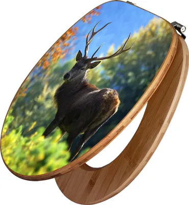 A toilet seat with a printed image of a deer in a forest.