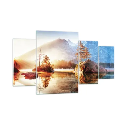 Produktbild von Bilder auf glas - 4 Teile - Morgendämmerung Berge See - 160x90cm - Glasbilder - Wandbilder - Bilder - zum Aufhängen bereit - Wanddekoration aus Glas - Glas Bilder - Wandbild auf Glas - GDL160x90-4617