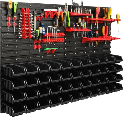 Image de Système de rangement Étagère d'atelier | 115 x 78 cm | 44 pièces Boîte | Étagère murale avec supports pour outils et boîtes empilables - Panneaux muraux Étagère à bacs extra-robuste Panneau perforé pour outils Étagère de rangement Étagère de garage