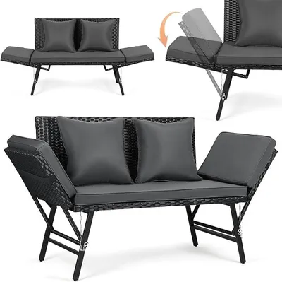 Produktbild von Gartenbank Polyrattan mit Liegefunktion 3 in 1, Wetterfest Gartensofa mit Verstellbaren Armlehnen, 2-Sitzer Outdoor Sofa für Garten,Balkon & Terrasse, Balkon Sofa inkl. Kissen und Sitzpolster,Grau