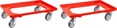 Produktbild von SparSet 2x Transportroller für Euroboxen 60x40cm mit Gummiräder rot | Offenes Deck | 2 Lenkrollen & 2 Bremsrollen | Traglast 300kg | Kistenroller Logistikroller Rollwagen Profi-Fahrgestell
