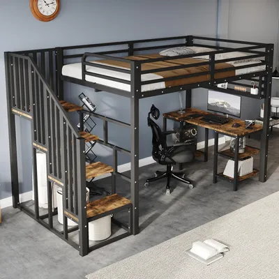 Produktbild von Merax Etagenbett 120x200 mit Schreibtisch,  Eisenhochbett mit Treppen, Handläufen und Aufbewahrungsregal, Kinderbett mit Stabiler Lattenrost, Schwarz