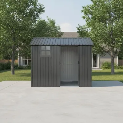 Image de Abri de jardin en acier galvanisé, dimensions 244 x 171 cm (4,17 m²), résistant aux intempéries, antirouille, porte coulissante, fenêtre, ventilation, couleur grise