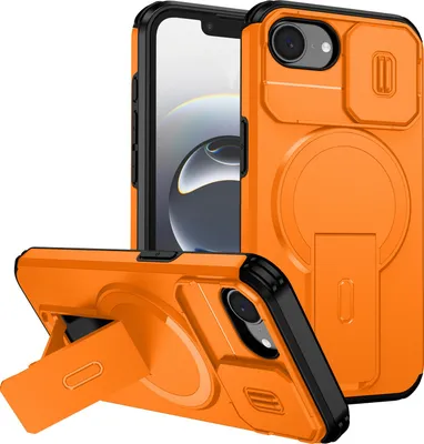 Produktbild von Magnetisch Hülle für iPhone 16e/iPhone 17e, Dual Layer Stoßfest Handyhülle mit Dia Kameraschutz, Verstellbarem Ständer Orange