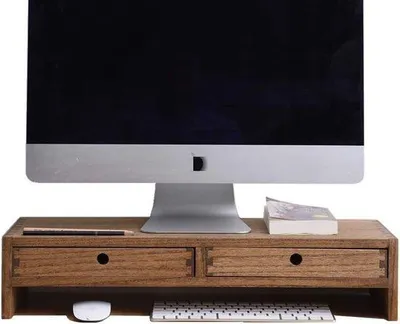 Image de Bureau en bois avec organiseur de bureau, bois brun foncé, tablette à deux niveaux et compartiment pour imprimante.