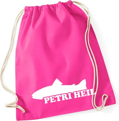 Produktbild von Huuraa Turnbeutel Petri Heil Fischergruß 12 Liter Fuchsia Baumwolle Rucksack Geschenkidee