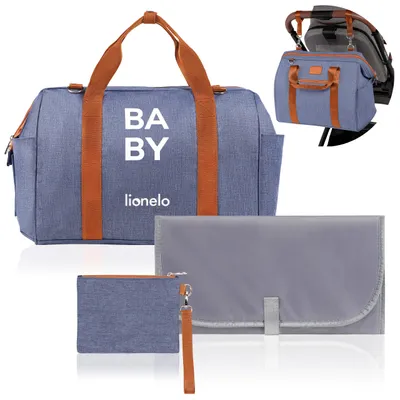 A collection of baby bag items including a large tote bag, a smaller pouch, and a changing mat, displayed against a white background.