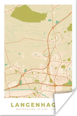 Produktbild von MuchoWow® Poster Karte - Stadtplan - Langenhagen - Vintage 120x180 cm - Kunstposter