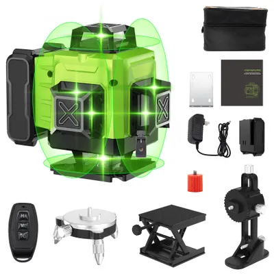 A collection of laser leveling tools and accessories laid out on a white background.