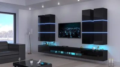 Obrázek produktu pro Furnitech Obývací stěna - Nábytek do obývacího pokoje s LED RGB - Moderní závěsná skříňka s policemi a TV skříňkou (Jurat AN51-18HG-B1)