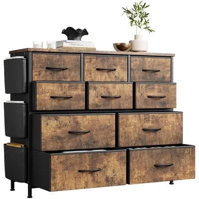 Produktbild von Kommode mit 10 Stoffschubladen - Schubladenschrank - Seitentaschen - Holzplatte - Für Schlafzimmer Flur Wohnzimmer - Braun