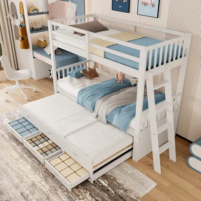 Produktbild von Flieks Hochbett mit Ausziehbarem Bett und 3 Schubladen, Etagenbett 90x200cm mit Rausfallschutz und Lattenrost, Kinderbett Massivhozlbett,Weiß