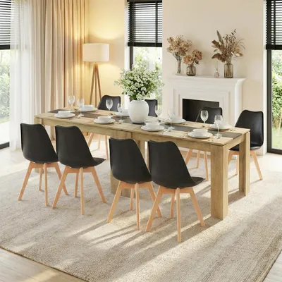 Productafbeelding van Eetset: Tafel met 8 stoelen, rechthoekig, hout, 220x70 cm, zwart