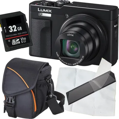 A product shot of a digital camera and its accessories, including a memory card, camera bag, and cleaning cloth.