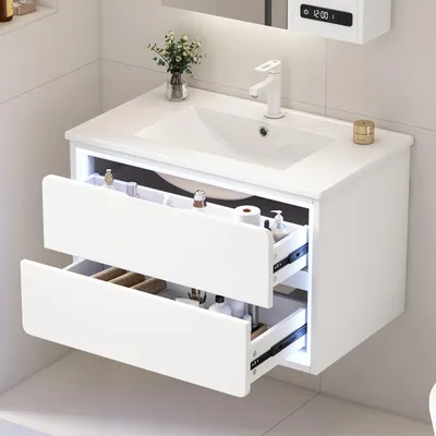 Produktbild von Flieks Wandhängend Badezimmerschränke mit LED-Radarsensor-Beleuchtung, zwei Schubladen, integriertes Waschbecken, Waschtisch, Holzschrank, Weiß