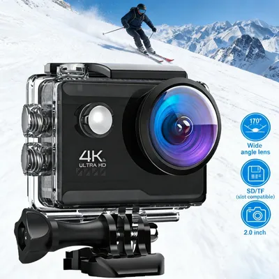 An action camera is shown in the foreground with a skier in the background.