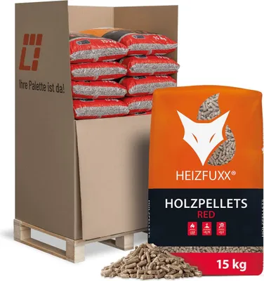 A pallet of bagged wood pellets with a single bag in the foreground.