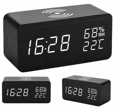 Produktbild von Digitalwecker mit kabellosem Ladegerät, LED-Tischuhr aus Holzoptik, Temperatur- und Luftfeuchtigkeitsanzeige, 3 Alarme, USB, 12/24 Stunden