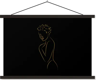 Produktbild von MuchoWow® Textilposter Frau - Schwarz - Gold - Strichzeichnung 60x40 cm mit schwarzem Rahmen - Hölzernes