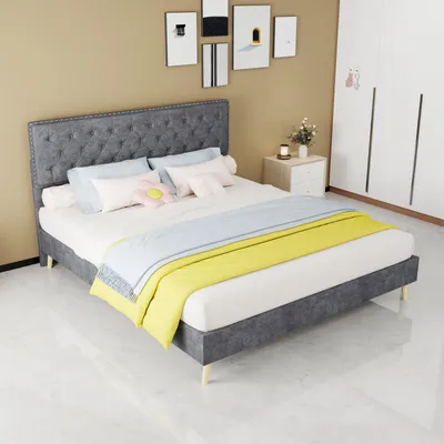 Productafbeelding van Zerbaco gestoffeerd tweepersoonsbed 160x200 cm met bedlade, grijs. Opbergbed met lattenbodem, zonder matras