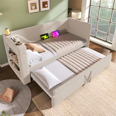 Zdjęcie produktu dla Tapicerowana leżanka 90/180 x 190 cm, rozkładana sofa jednoosobowa z wysuwanym łóżkiem, podłokietniki z gniazdkami USB i Type-C oraz uchwytami na napoje, kolor beżowy
