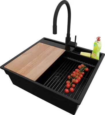 Produktbild von PRIMAGRAN Granitspüle Alles Schwarz 58x53cm, Spülbecken 1 Becken + Ablauf-Set + Küchenzubehörset, Küchenspüle ab 60er Unterschrank - Oslo Pocket