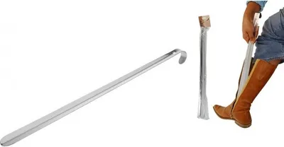A collage showing a shoehorn and a person using it to put on a boot.