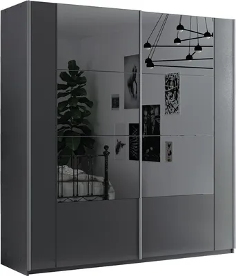 Productafbeelding van Furniture24 Kledingkast Santiago 200, slaapkamer, zweefdeurkast met 2 deuren, kast met schuifdeur, 2 kledingstangen, 4 legplanken, grafietkleur, met spiegel