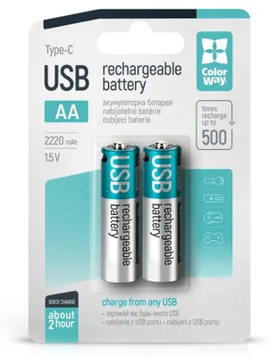 Image de Batterie rechargeable Colorway AA 2200mAh/ USB-C/ 1,5V/ 2pcs dans le pack